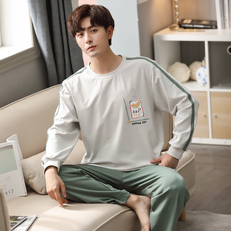 Vīriešu 100% kokvilnas pidžamu komplekts — apļveida kakla augšdaļa ar garām piedurknēm, bikses, rudens/ziemas ikdienas mājas apģērbs, arī ārpus mājas