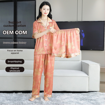 Sieviešu vasaras pidžāamu komplekts no ledus zīda, trīsdaļīgs komplekts ar kardigānu ar apkakli, plāns audums 101–120 g/m²