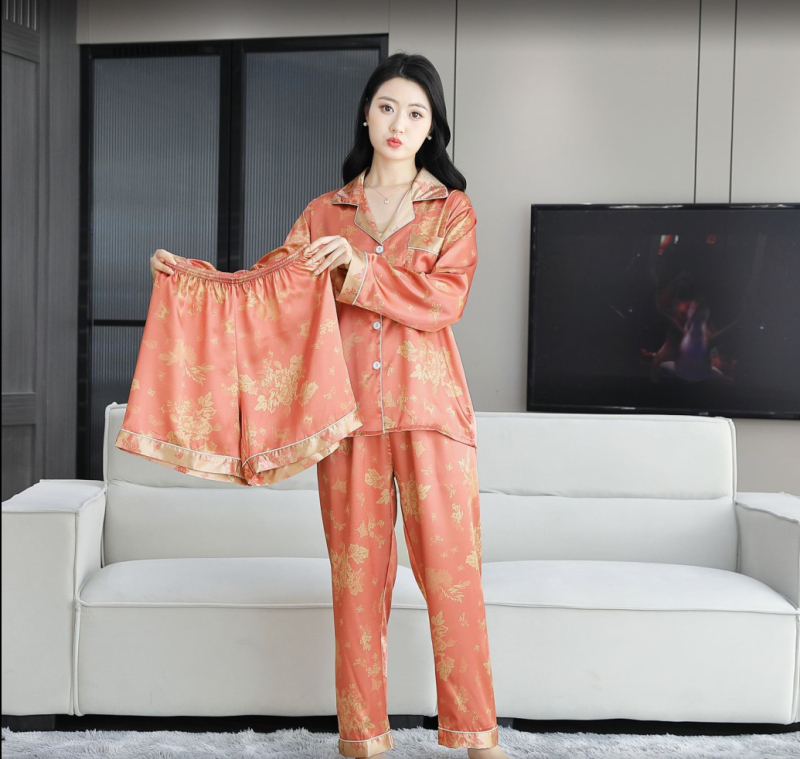 Sieviešu vasaras pidžāamu komplekts no ledus zīda, trīsdaļīgs komplekts ar kardigānu ar apkakli, plāns audums 101–120 g/m²