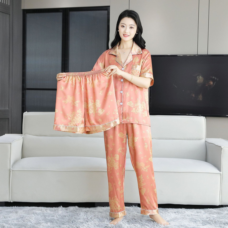 Sieviešu vasaras pidžāamu komplekts no ledus zīda, trīsdaļīgs komplekts ar kardigānu ar apkakli, plāns audums 101–120 g/m²