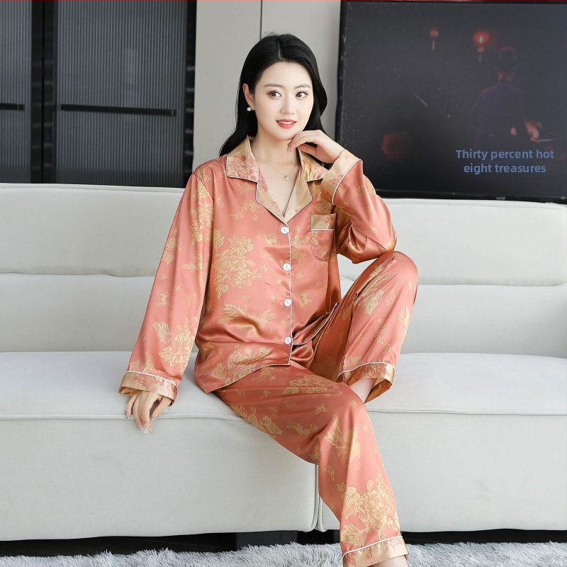 Sieviešu vasaras pidžāamu komplekts no ledus zīda, trīsdaļīgs komplekts ar kardigānu ar apkakli, plāns audums 101–120 g/m²