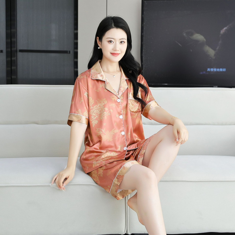 Sieviešu vasaras pidžāamu komplekts no ledus zīda, trīsdaļīgs komplekts ar kardigānu ar apkakli, plāns audums 101–120 g/m²