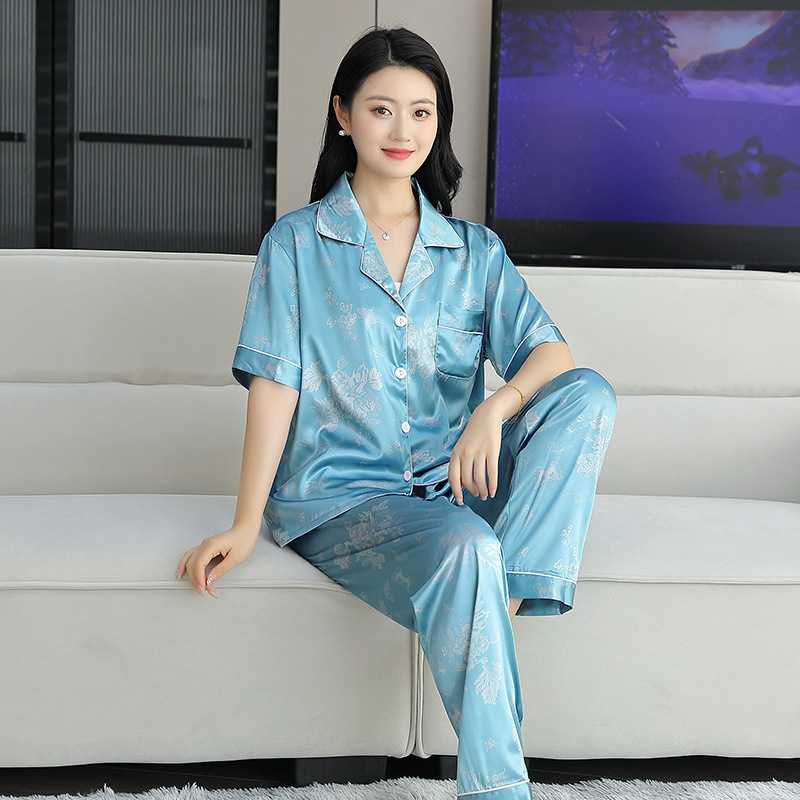 Sieviešu vasaras pidžāamu komplekts no ledus zīda, trīsdaļīgs komplekts ar kardigānu ar apkakli, plāns audums 101–120 g/m²