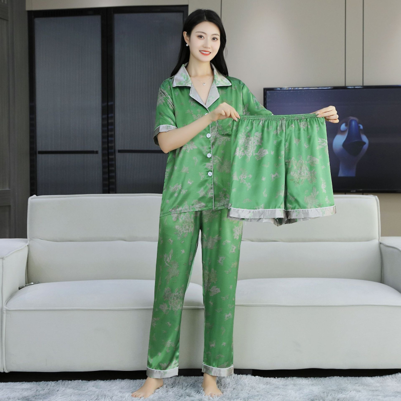 Sieviešu vasaras pidžāamu komplekts no ledus zīda, trīsdaļīgs komplekts ar kardigānu ar apkakli, plāns audums 101–120 g/m²