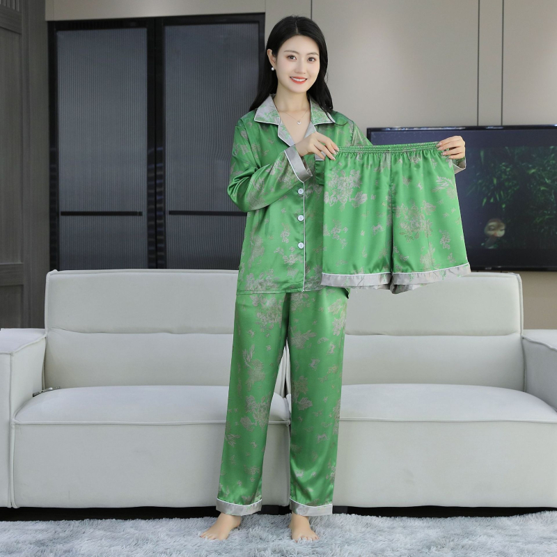 Sieviešu vasaras pidžāamu komplekts no ledus zīda, trīsdaļīgs komplekts ar kardigānu ar apkakli, plāns audums 101–120 g/m²