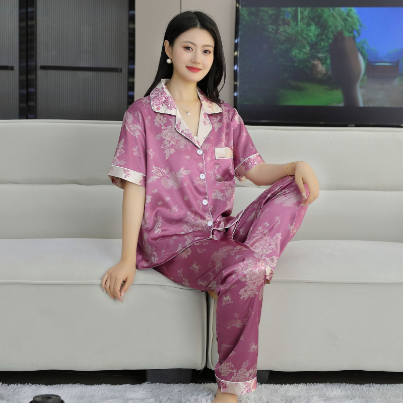 Sieviešu vasaras pidžāamu komplekts no ledus zīda, trīsdaļīgs komplekts ar kardigānu ar apkakli, plāns audums 101–120 g/m²