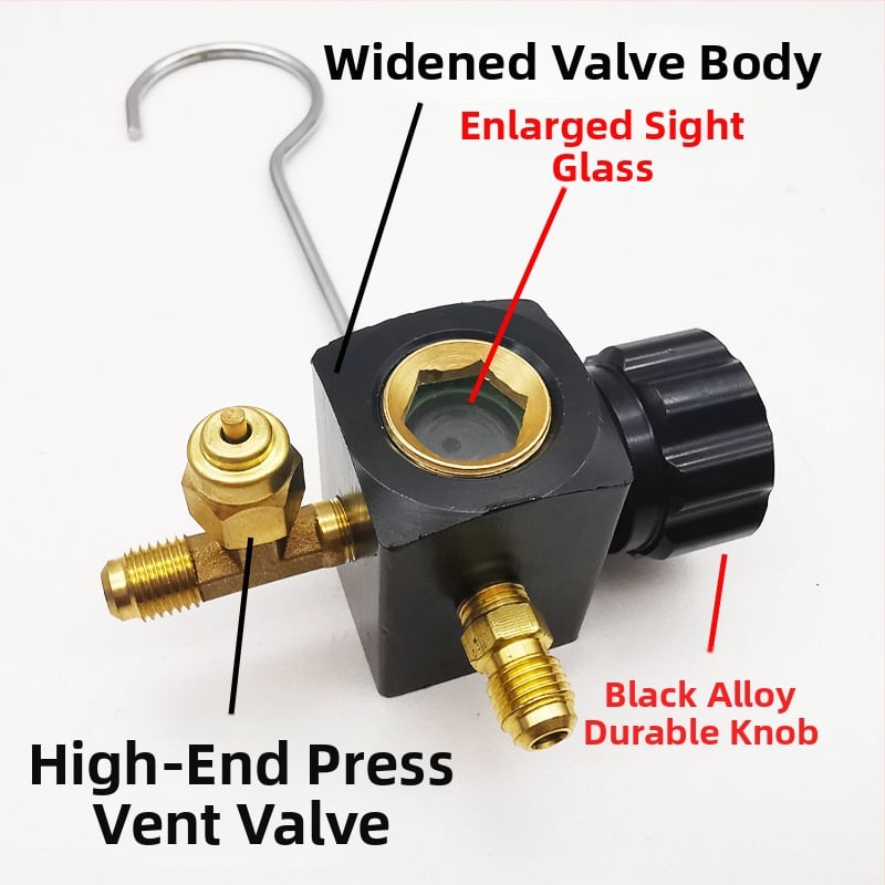 Συσκευή βαλβίδων: διακόπτης και τριόδρομη βαλβίδα, πιεσόμετρο, οπτικό παράθυρο ψυκτικού, εκκενωτικό βαλβίδας