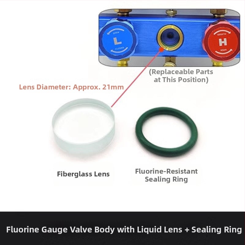 Συσκευή βαλβίδων: διακόπτης και τριόδρομη βαλβίδα, πιεσόμετρο, οπτικό παράθυρο ψυκτικού, εκκενωτικό βαλβίδας