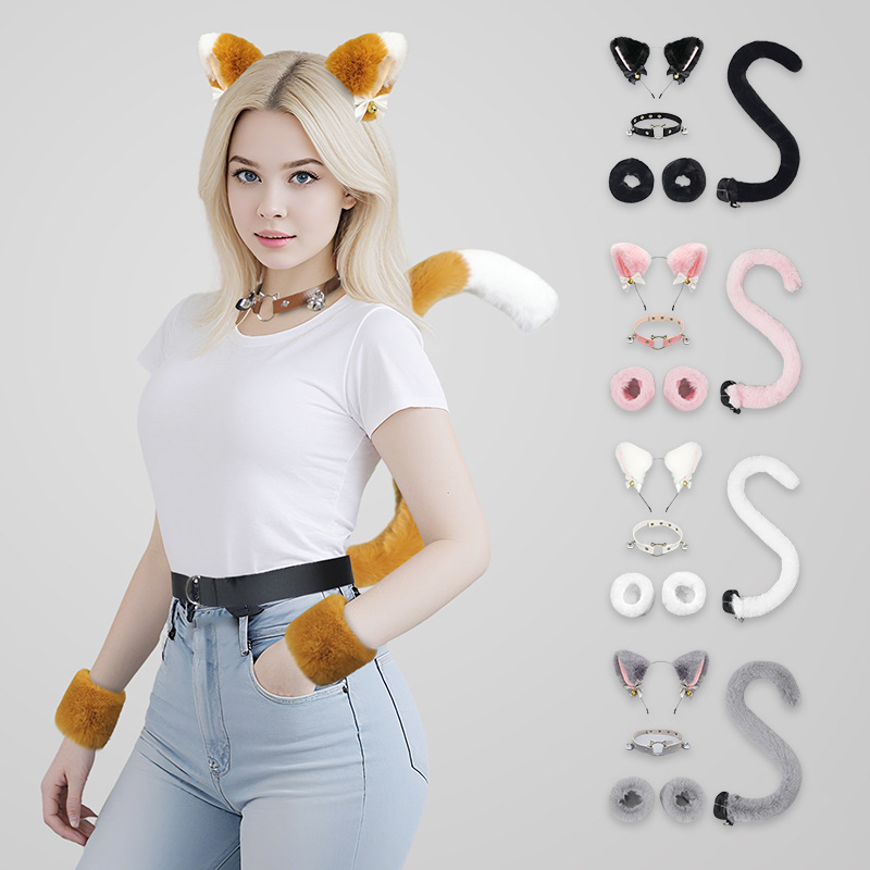 Set cosplay dodataka: plišane mačje uši na gumici, mačja rep, ogrlica i narukvica za odrasle, proljeće 2025. Brand: Other; Spot goods