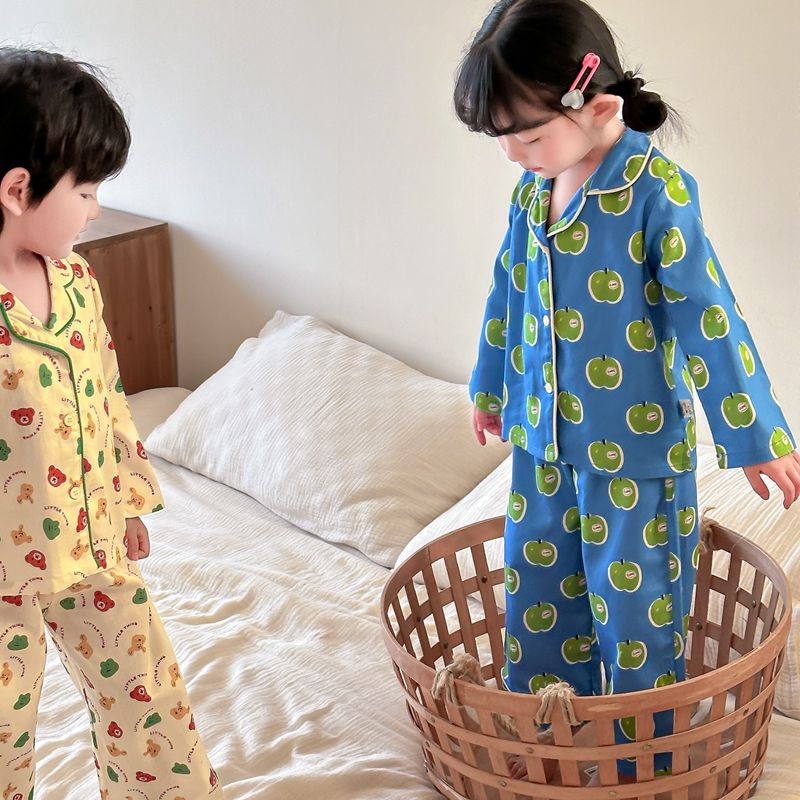 Детски пижамен комплект с свободен силует – унисекс, 100% памук, корейски стил, за деца 3–8 години