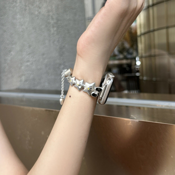 Laikrodžio dirželis Apple Watch su kaspinu mazgu ir žvaigždu grandine, metalinis, madingas dizainas