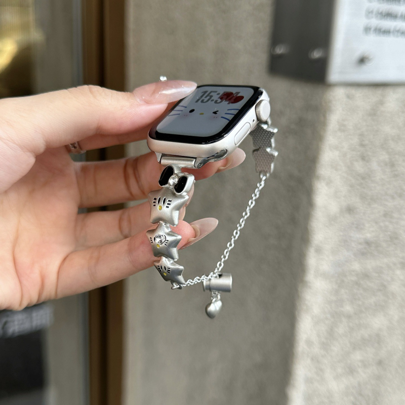 Laikrodžio dirželis Apple Watch su kaspinu mazgu ir žvaigždu grandine, metalinis, madingas dizainas