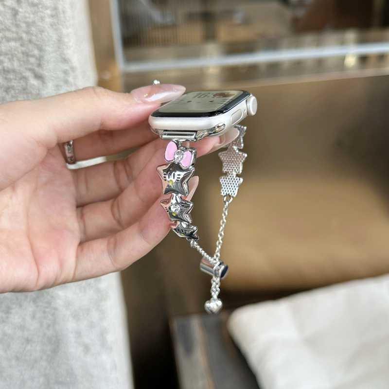 Laikrodžio dirželis Apple Watch su kaspinu mazgu ir žvaigždu grandine, metalinis, madingas dizainas
