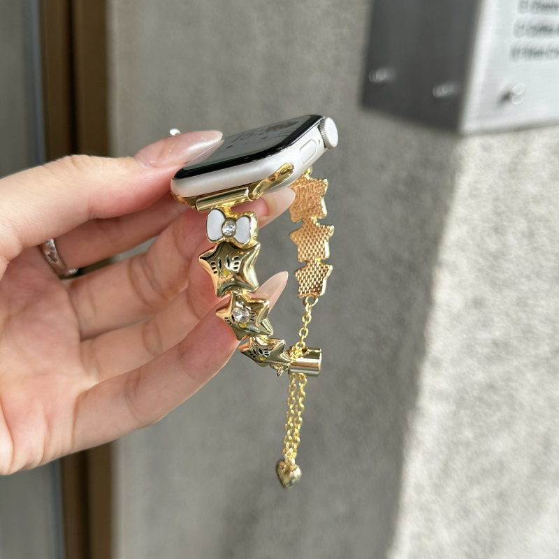 Laikrodžio dirželis Apple Watch su kaspinu mazgu ir žvaigždu grandine, metalinis, madingas dizainas