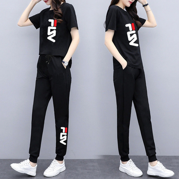 Moterų kasdienis dviejų dalių kostiumas — spaudinys, poliesteris, laisvas kirpimas, korėjietiškas stilius, 2025 m. vasara