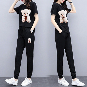 Moterų kasdienis dviejų dalių kostiumas — spaudinys, poliesteris, laisvas kirpimas, korėjietiškas stilius, 2025 m. vasara