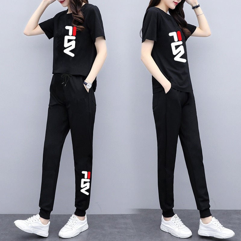 Moterų kasdienis dviejų dalių kostiumas — spaudinys, poliesteris, laisvas kirpimas, korėjietiškas stilius, 2025 m. vasara