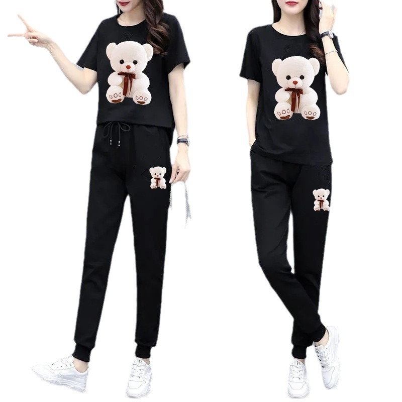 Moterų kasdienis dviejų dalių kostiumas — spaudinys, poliesteris, laisvas kirpimas, korėjietiškas stilius, 2025 m. vasara