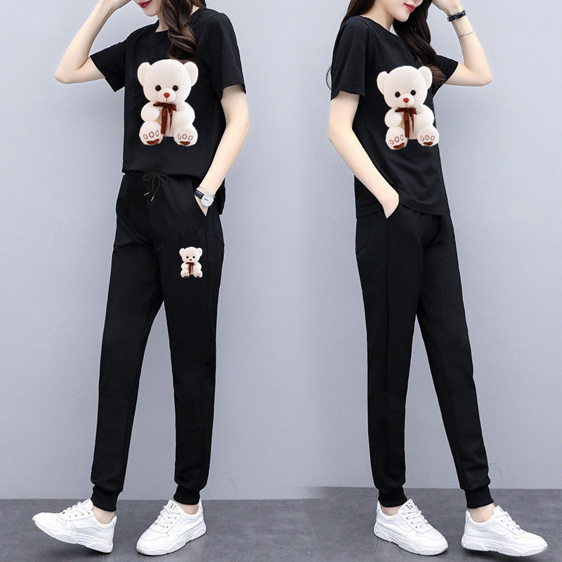 Moterų kasdienis dviejų dalių kostiumas — spaudinys, poliesteris, laisvas kirpimas, korėjietiškas stilius, 2025 m. vasara