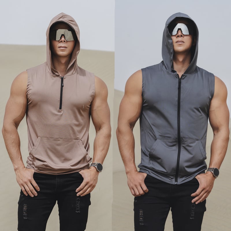 Vyrų vasaros sportinė liemenė su užtrauktuku ir gobtuvu, greitai džiūsta, elastinga, kvėpuojanti (Sezona: Vasaros; Lytis: Vyras; Audinys: Milk Silk, 90% Poliesteris; Funkcija: Kvėpuojanti)