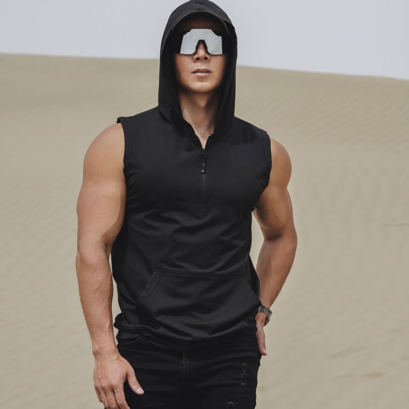 Vyrų vasaros sportinė liemenė su užtrauktuku ir gobtuvu, greitai džiūsta, elastinga, kvėpuojanti (Sezona: Vasaros; Lytis: Vyras; Audinys: Milk Silk, 90% Poliesteris; Funkcija: Kvėpuojanti)