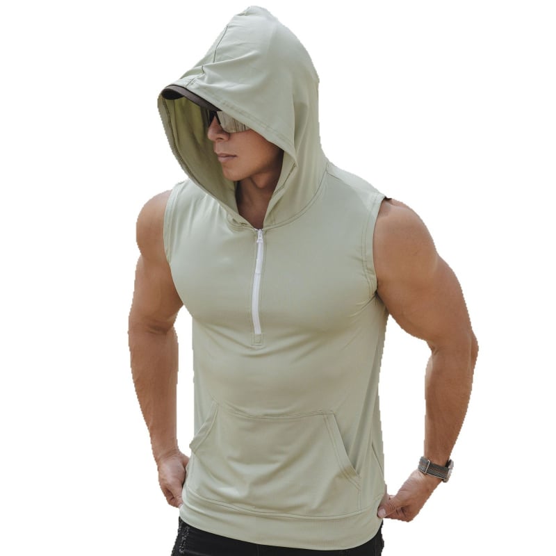 Vyrų vasaros sportinė liemenė su užtrauktuku ir gobtuvu, greitai džiūsta, elastinga, kvėpuojanti (Sezona: Vasaros; Lytis: Vyras; Audinys: Milk Silk, 90% Poliesteris; Funkcija: Kvėpuojanti)