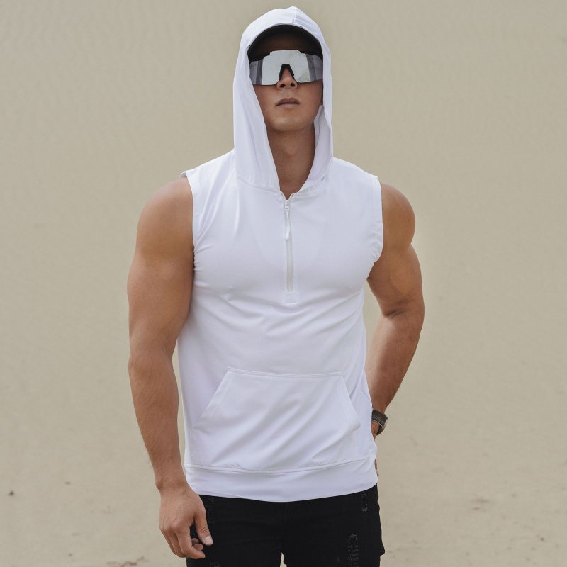 Vyrų vasaros sportinė liemenė su užtrauktuku ir gobtuvu, greitai džiūsta, elastinga, kvėpuojanti (Sezona: Vasaros; Lytis: Vyras; Audinys: Milk Silk, 90% Poliesteris; Funkcija: Kvėpuojanti)