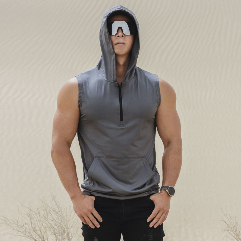 Vyrų vasaros sportinė liemenė su užtrauktuku ir gobtuvu, greitai džiūsta, elastinga, kvėpuojanti (Sezona: Vasaros; Lytis: Vyras; Audinys: Milk Silk, 90% Poliesteris; Funkcija: Kvėpuojanti)