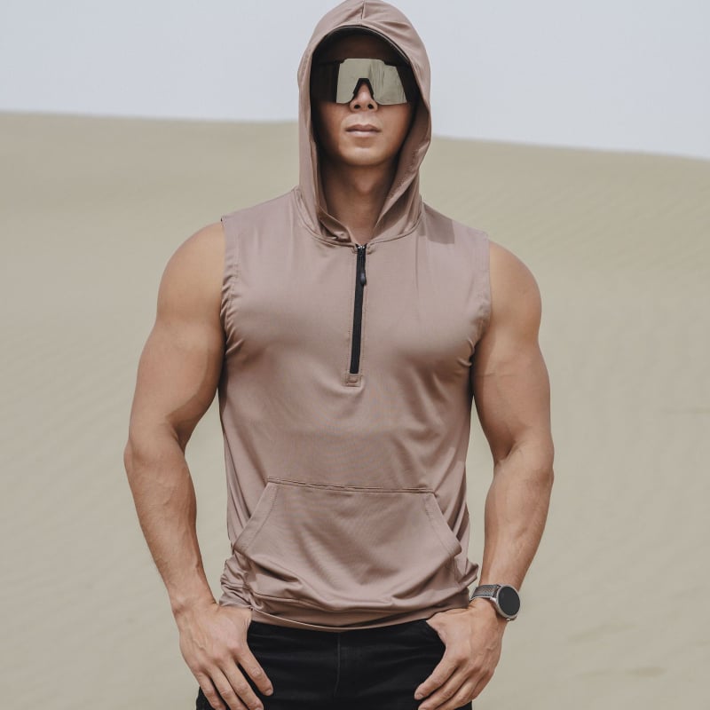 Vyrų vasaros sportinė liemenė su užtrauktuku ir gobtuvu, greitai džiūsta, elastinga, kvėpuojanti (Sezona: Vasaros; Lytis: Vyras; Audinys: Milk Silk, 90% Poliesteris; Funkcija: Kvėpuojanti)