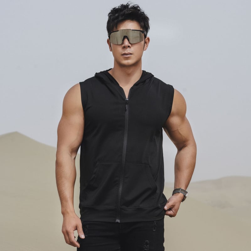 Vyrų vasaros sportinė liemenė su užtrauktuku ir gobtuvu, greitai džiūsta, elastinga, kvėpuojanti (Sezona: Vasaros; Lytis: Vyras; Audinys: Milk Silk, 90% Poliesteris; Funkcija: Kvėpuojanti)