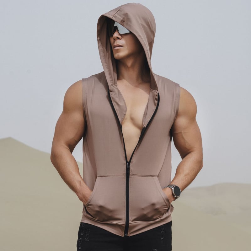 Vyrų vasaros sportinė liemenė su užtrauktuku ir gobtuvu, greitai džiūsta, elastinga, kvėpuojanti (Sezona: Vasaros; Lytis: Vyras; Audinys: Milk Silk, 90% Poliesteris; Funkcija: Kvėpuojanti)