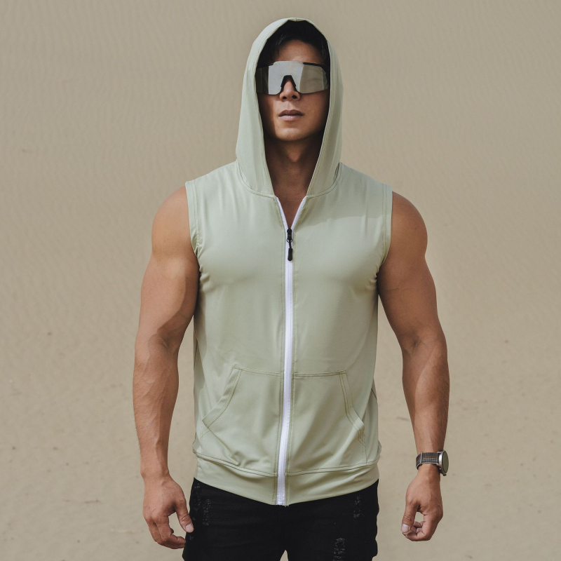 Vyrų vasaros sportinė liemenė su užtrauktuku ir gobtuvu, greitai džiūsta, elastinga, kvėpuojanti (Sezona: Vasaros; Lytis: Vyras; Audinys: Milk Silk, 90% Poliesteris; Funkcija: Kvėpuojanti)