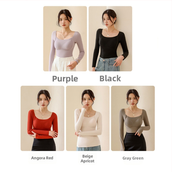 Moteriškas vilnos-silkės šiluminis viršus su V kaklu, įsiūtos krūties kaušės, tankus mezginys 251–300 g/m², pagrindinis audinys 80–90%, ilgos rankovės, kūno formavimas