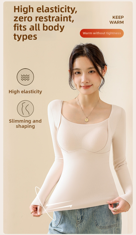 Moteriškas vilnos-silkės šiluminis viršus su V kaklu, įsiūtos krūties kaušės, tankus mezginys 251–300 g/m², pagrindinis audinys 80–90%, ilgos rankovės, kūno formavimas