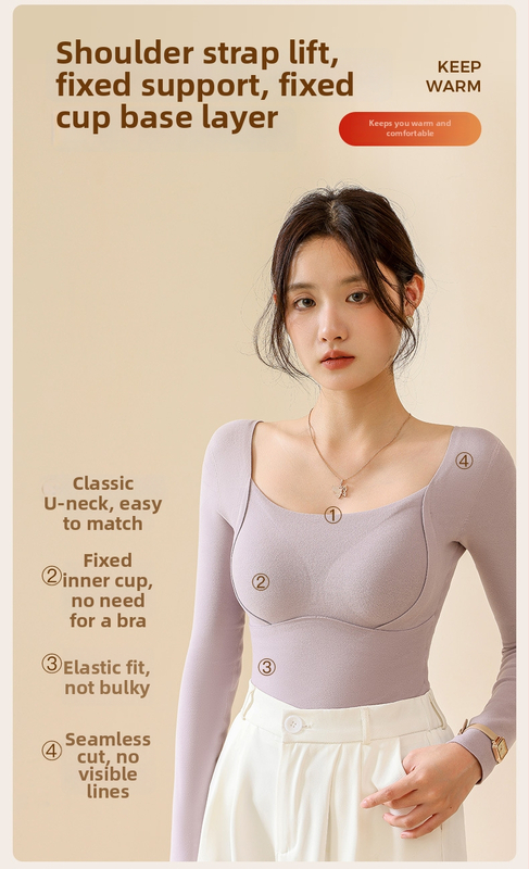 Moteriškas vilnos-silkės šiluminis viršus su V kaklu, įsiūtos krūties kaušės, tankus mezginys 251–300 g/m², pagrindinis audinys 80–90%, ilgos rankovės, kūno formavimas