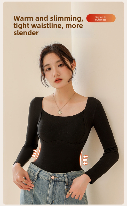 Moteriškas vilnos-silkės šiluminis viršus su V kaklu, įsiūtos krūties kaušės, tankus mezginys 251–300 g/m², pagrindinis audinys 80–90%, ilgos rankovės, kūno formavimas