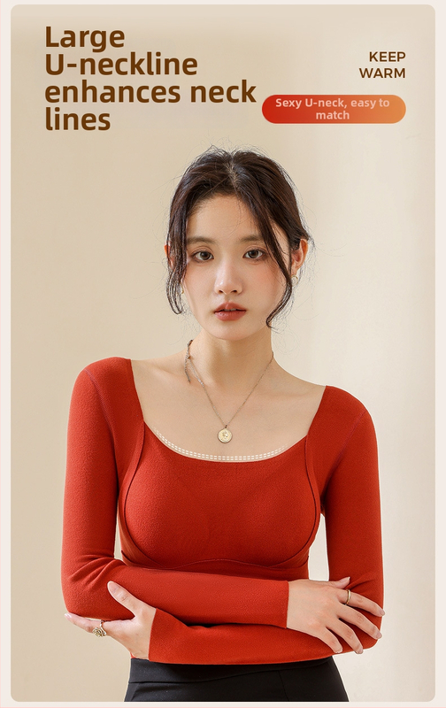 Moteriškas vilnos-silkės šiluminis viršus su V kaklu, įsiūtos krūties kaušės, tankus mezginys 251–300 g/m², pagrindinis audinys 80–90%, ilgos rankovės, kūno formavimas