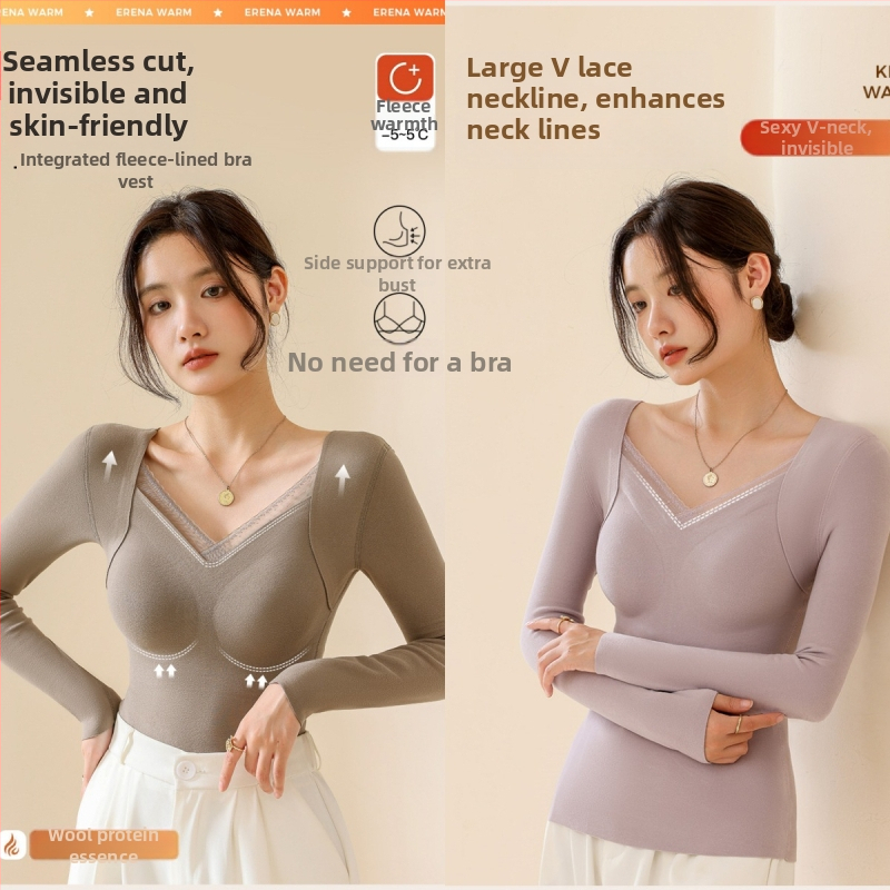 Dámske termálne top zo vlna-silku s V výstrihom, integrované košíky, hrubé pletenie 251–300 g/m², hlavná tkanina 80–90%, dlhé rukávy, tvarovanie tela a teplo