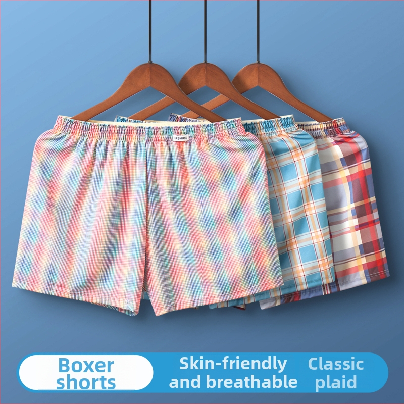 Pánske tkané boxerkové nohavice s károvaným vzorom - polyesterové vlákno, stredný pás, priedušné