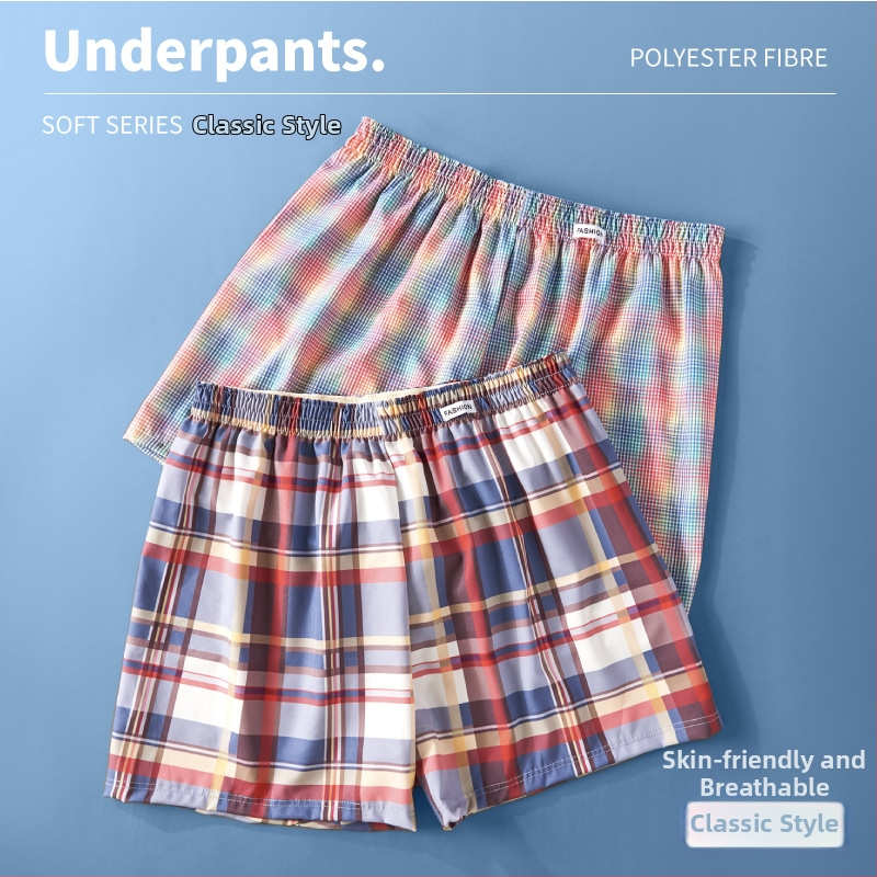 Pánske tkané boxerkové nohavice s károvaným vzorom - polyesterové vlákno, stredný pás, priedušné