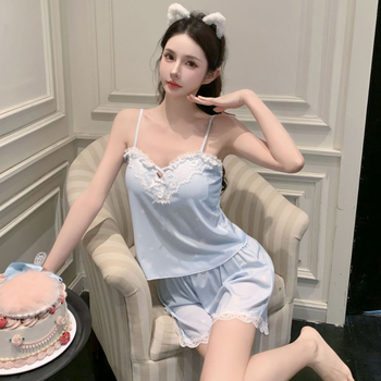 Sieviešu nakts komplekts no ice silk, bez piedurknēm, V-dekolts, šorti – viegls mājas apģērbs pavasarim un vasarai