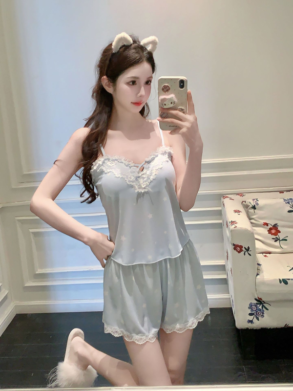 Sieviešu nakts komplekts no ice silk, bez piedurknēm, V-dekolts, šorti – viegls mājas apģērbs pavasarim un vasarai