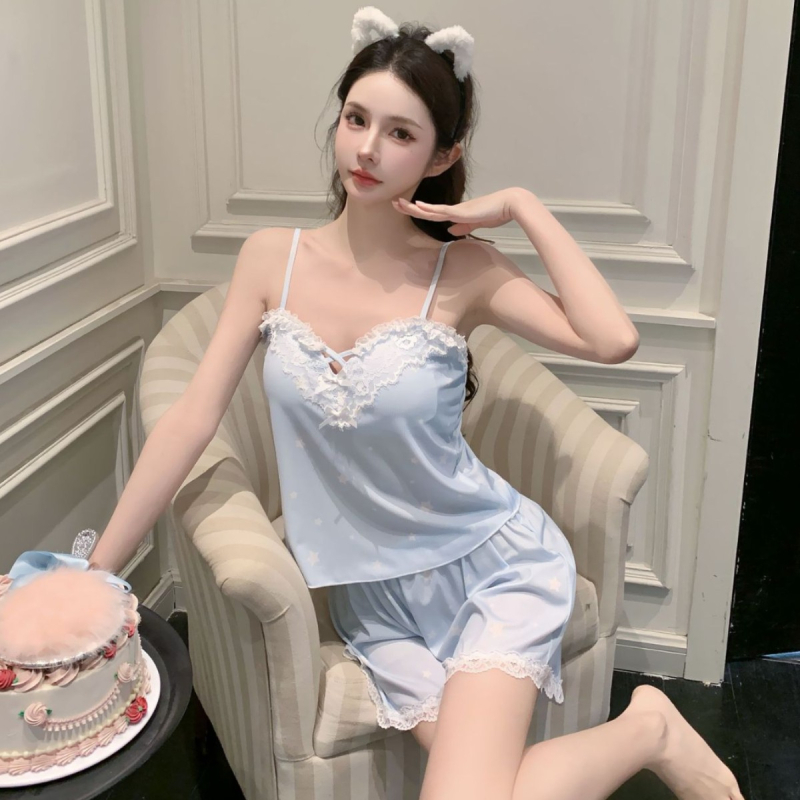 Sieviešu nakts komplekts no ice silk, bez piedurknēm, V-dekolts, šorti – viegls mājas apģērbs pavasarim un vasarai