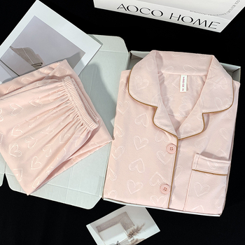 Divdaļīgs pidžamu komplekts ar kardigānu, korejiska stila ar sirds motīvu, brīvs piegriezums, silts, De Velvet akrila materiāls 90–95%, vidēja biezuma 181–200 g/m2