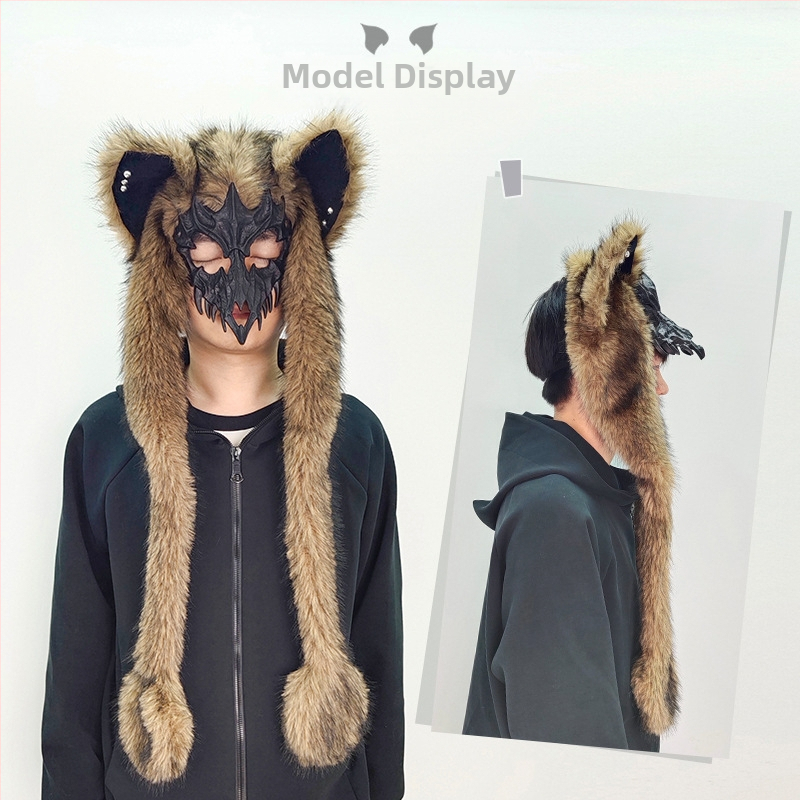 Plyšová maska s líščími ušami, polovičná tvár, cosplay maska vlkodlaka na Halloween