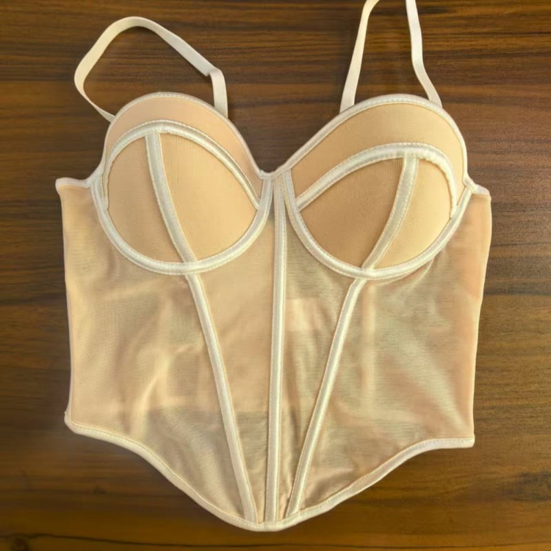 Kamisola ar zvejas kaula korsetu un tīklu audumu, vestes stilā, V kakls, ultra-plāns poliesters (81-100 g/m²)