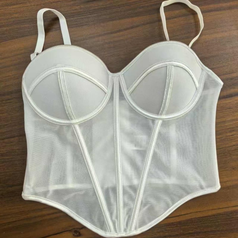 Kamisola ar zvejas kaula korsetu un tīklu audumu, vestes stilā, V kakls, ultra-plāns poliesters (81-100 g/m²)