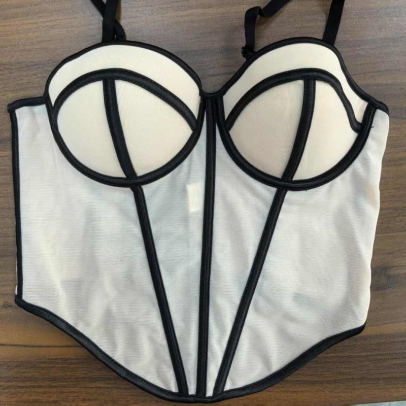 Kamisola ar zvejas kaula korsetu un tīklu audumu, vestes stilā, V kakls, ultra-plāns poliesters (81-100 g/m²)