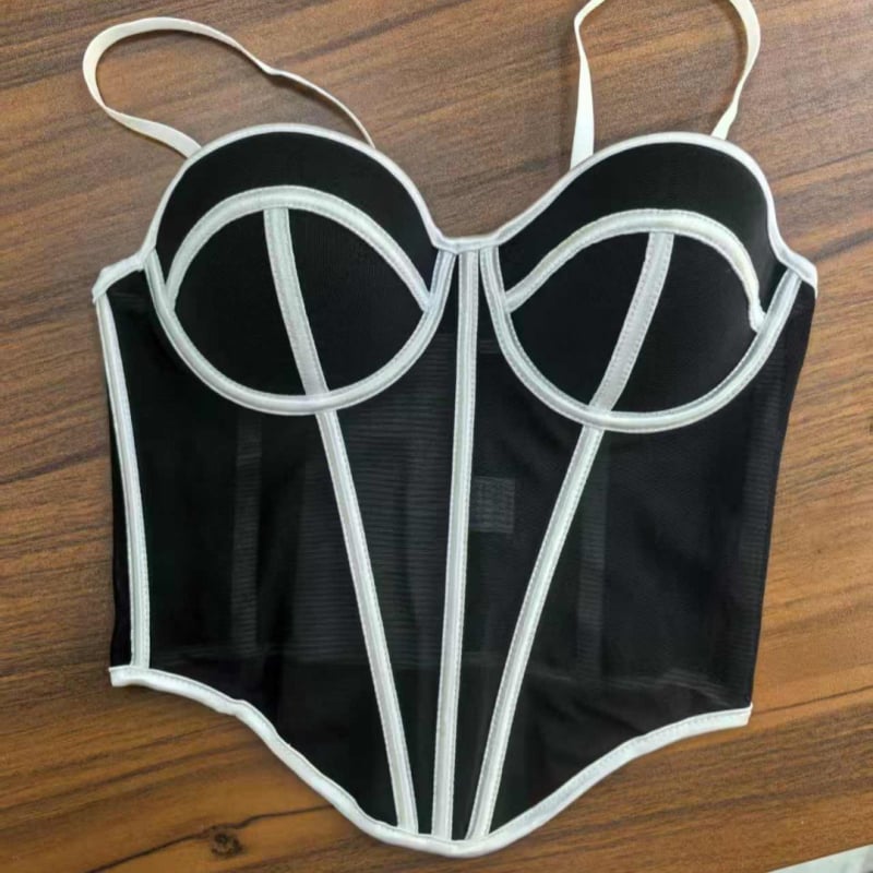 Kamisola ar zvejas kaula korsetu un tīklu audumu, vestes stilā, V kakls, ultra-plāns poliesters (81-100 g/m²)