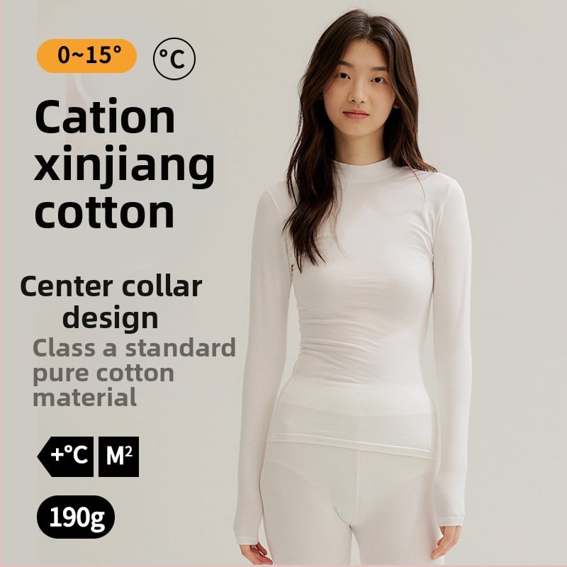 Moterų medvilnės pamatas komplektas: topas su pusiau aukštu kaklu ir ilgomis rankovėmis bei ilgos kelnės, 90–95% medvilnė, 181–200 g/m², šilta, anti-statistinė, anti-piling, vieno sluoksnio